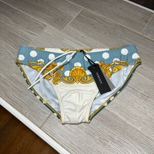 Versace Blue and Gold Patterned Swimwear Size 4 Medium.